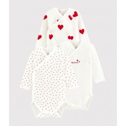 BABIES' LONG-SLEEVED WRAPOVER RED HEARTS ORGANIC COTTON BODYSUITS - 3-PACK